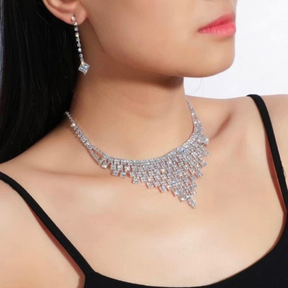 Bridal Wedding Jewelry Set Rhinestone Bridesmaid Party Choker Necklace Earrings - Picture 4 of 4